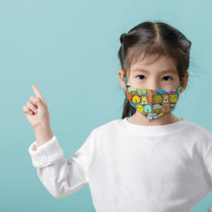 Asian little child girl wearing respirator mask to protect coron